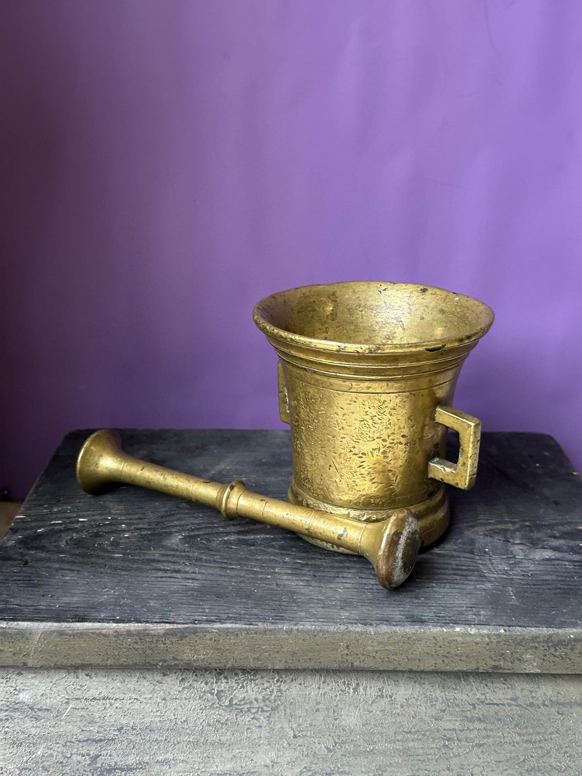Vintage Heavy Brass Mortar & Pestle Set Square Handles Apothecary 4.5"