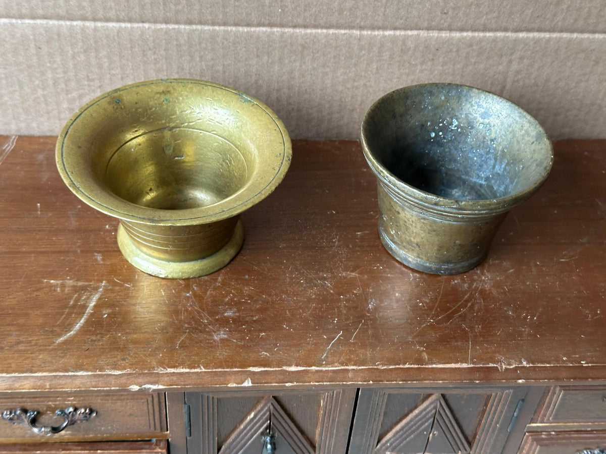 Vintage Brass Mortars Pair Small Apothecary Bowls 4.5" & 4"