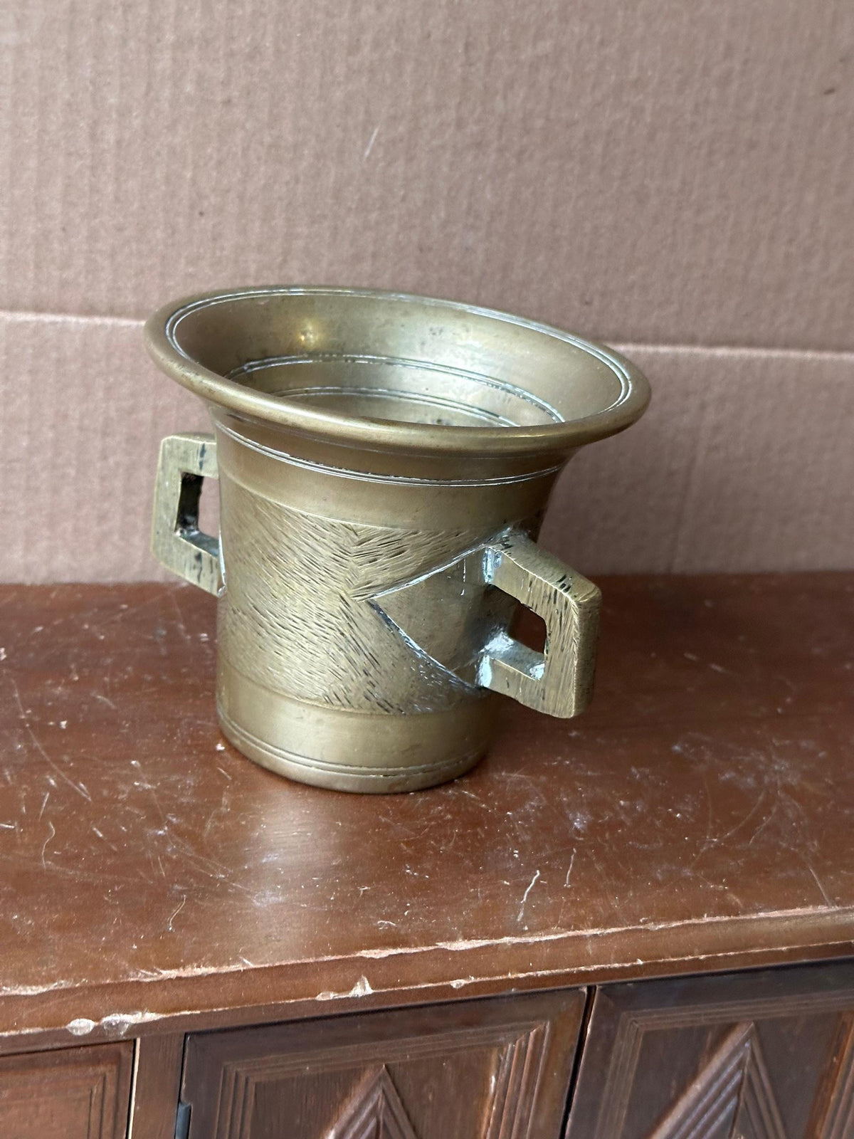 Vintage Heavy Brass Mortar Cup Square Handles Apothecary 4.5"