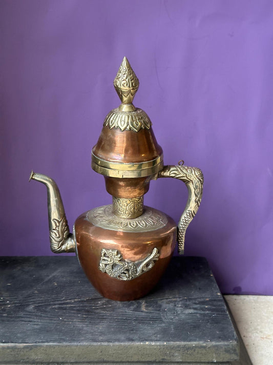 Vintage Tibetan Copper Brass Ewer – Dragon Handle Makara Spout Himalayan 12"