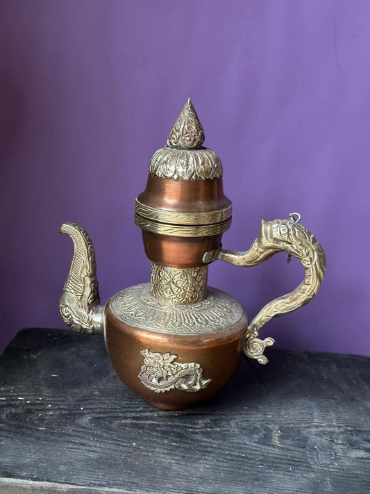 Vintage Tibetan Copper Brass Ewer – Dragon Handle Makara Spout Nepal 9"