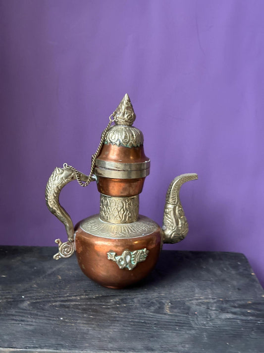 Vintage Tibetan Copper Brass Ewer – Dragon Handle Makara Spout Nepal 7.5"