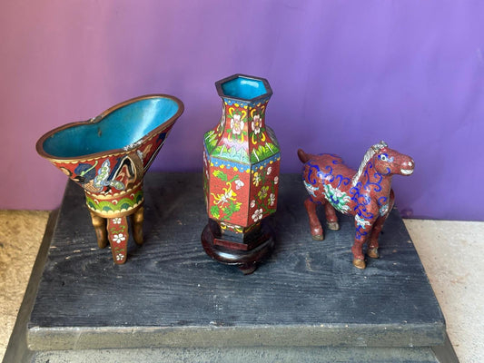 Vintage Chinese Cloisonné Enamel Set of 3 – Hexagonal Vase, Horse & Jue Wine Cup