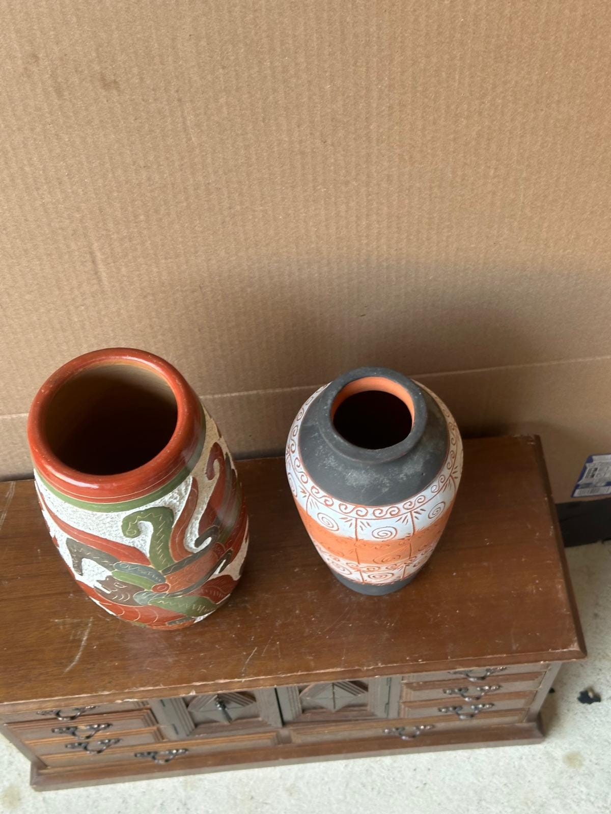 Vintage Mexican Folk Pottery Vases Set of 2 – Aztec Mayan Figure & Geometric 9"