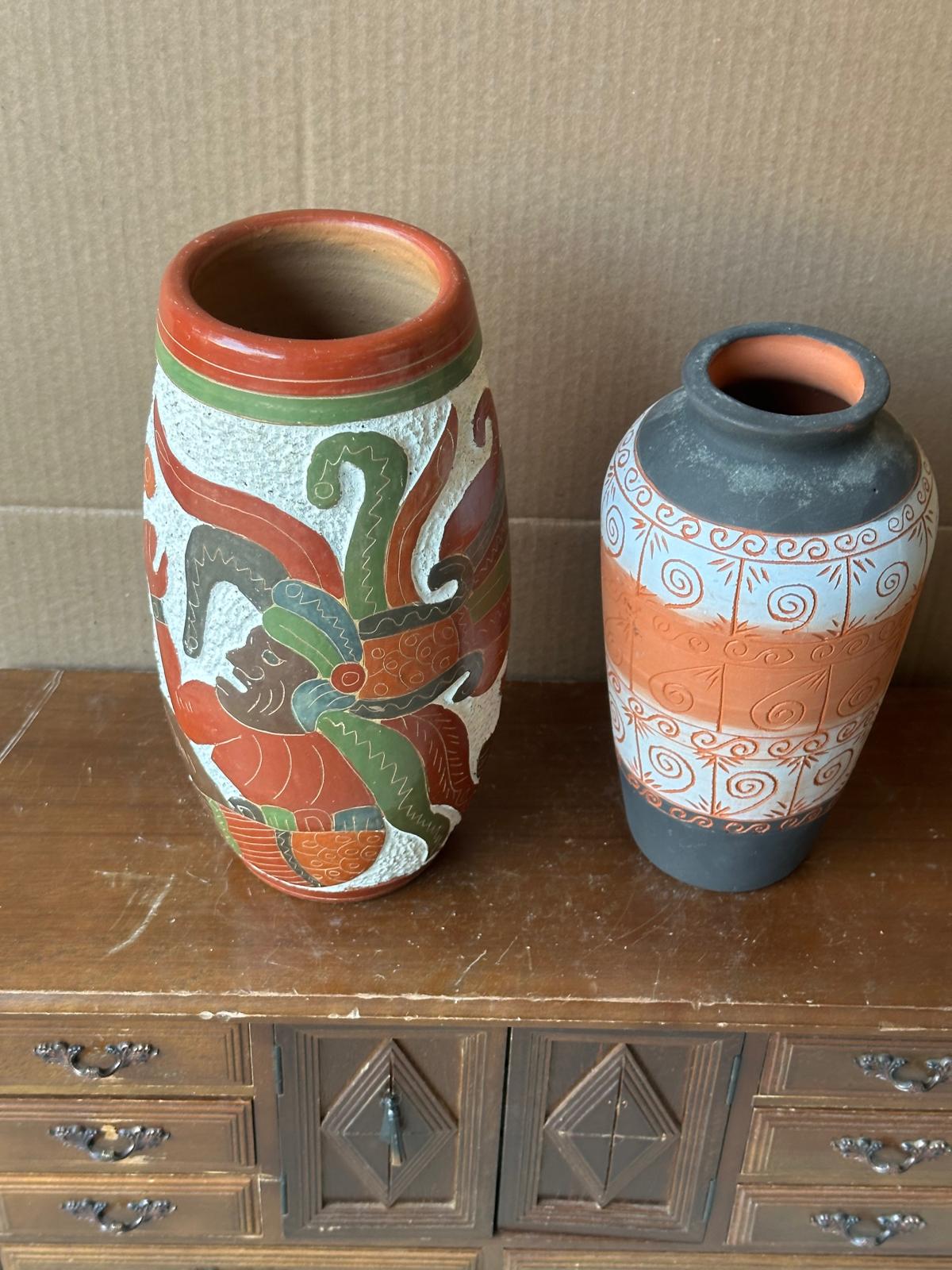 Vintage Mexican Folk Pottery Vases Set of 2 – Aztec Mayan Figure & Geometric 9"