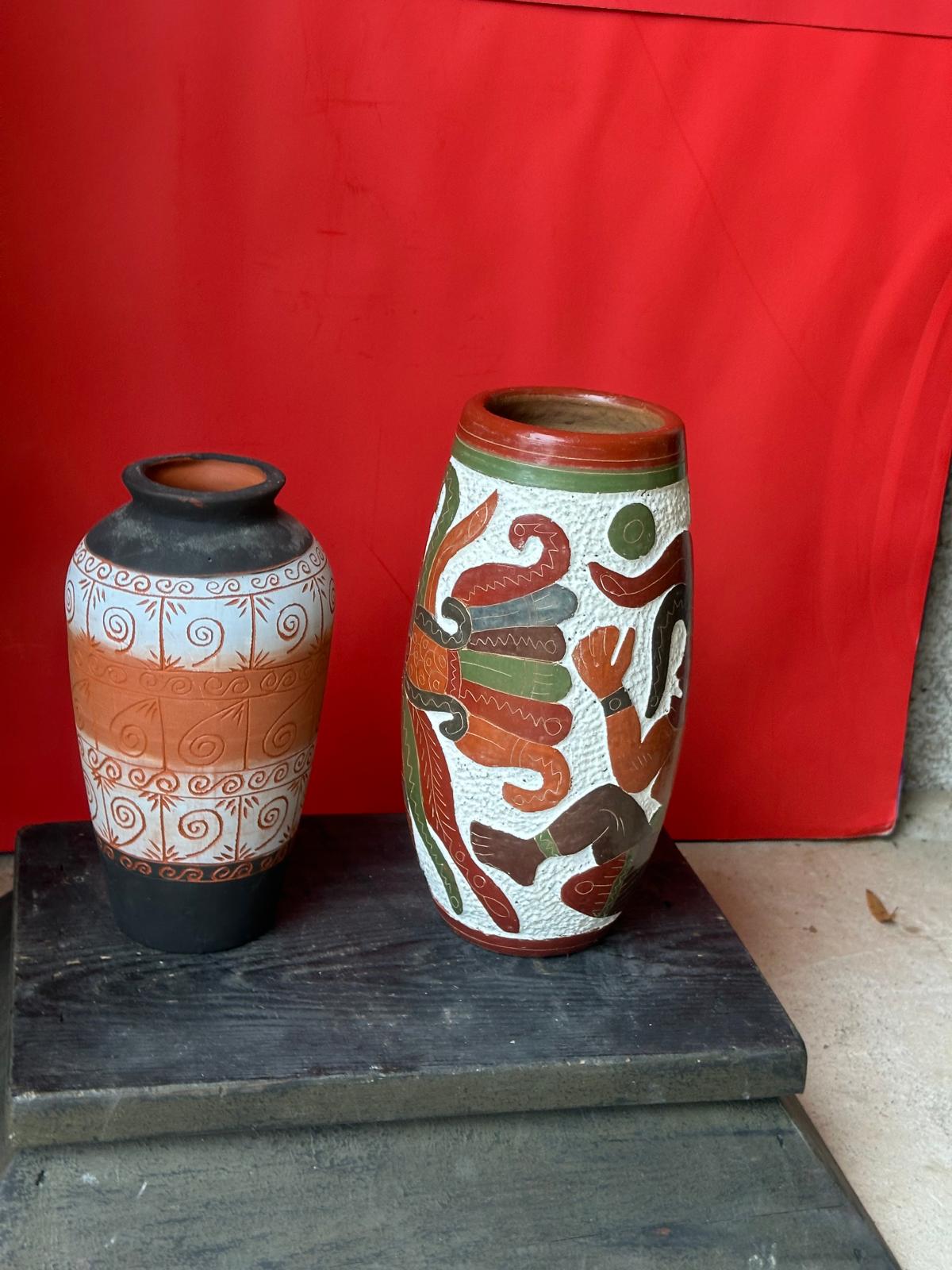 Vintage Mexican Folk Pottery Vases Set of 2 – Aztec Mayan Figure & Geometric 9"
