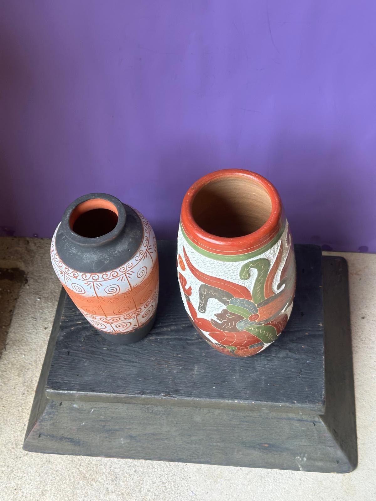 Vintage Mexican Folk Pottery Vases Set of 2 – Aztec Mayan Figure & Geometric 9"