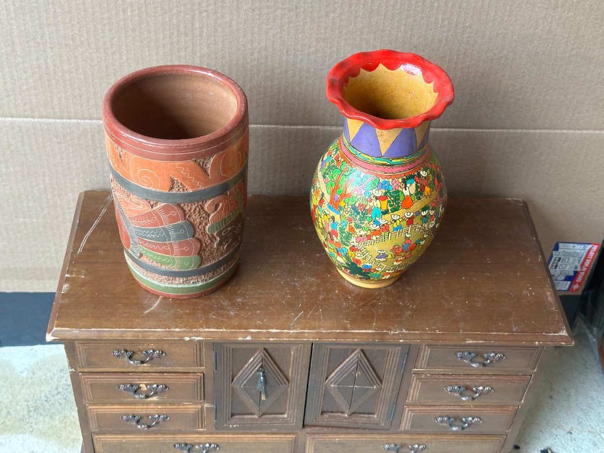 Vintage Mexican Folk Pottery Vases Set – Xalitla Storyteller & Mayan Relief 8"