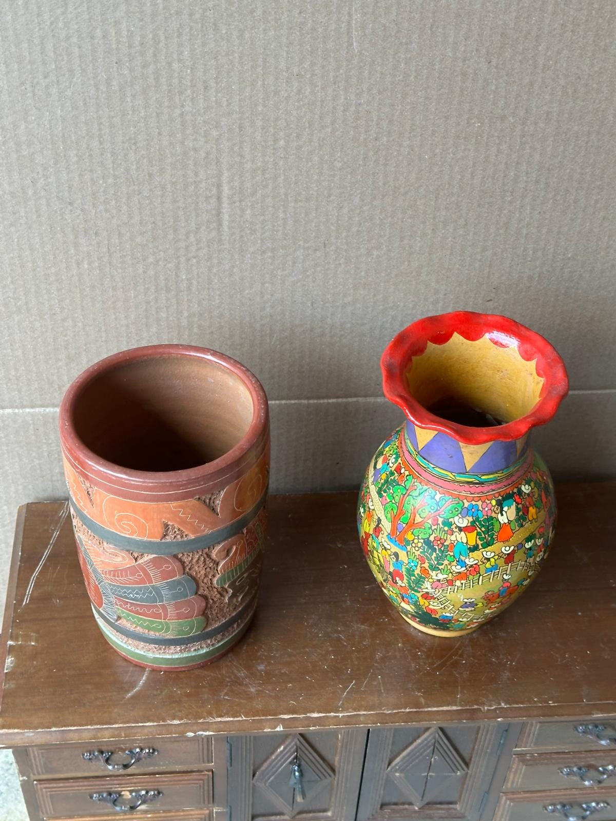 Vintage Mexican Folk Pottery Vases Set – Xalitla Storyteller & Mayan Relief 8"