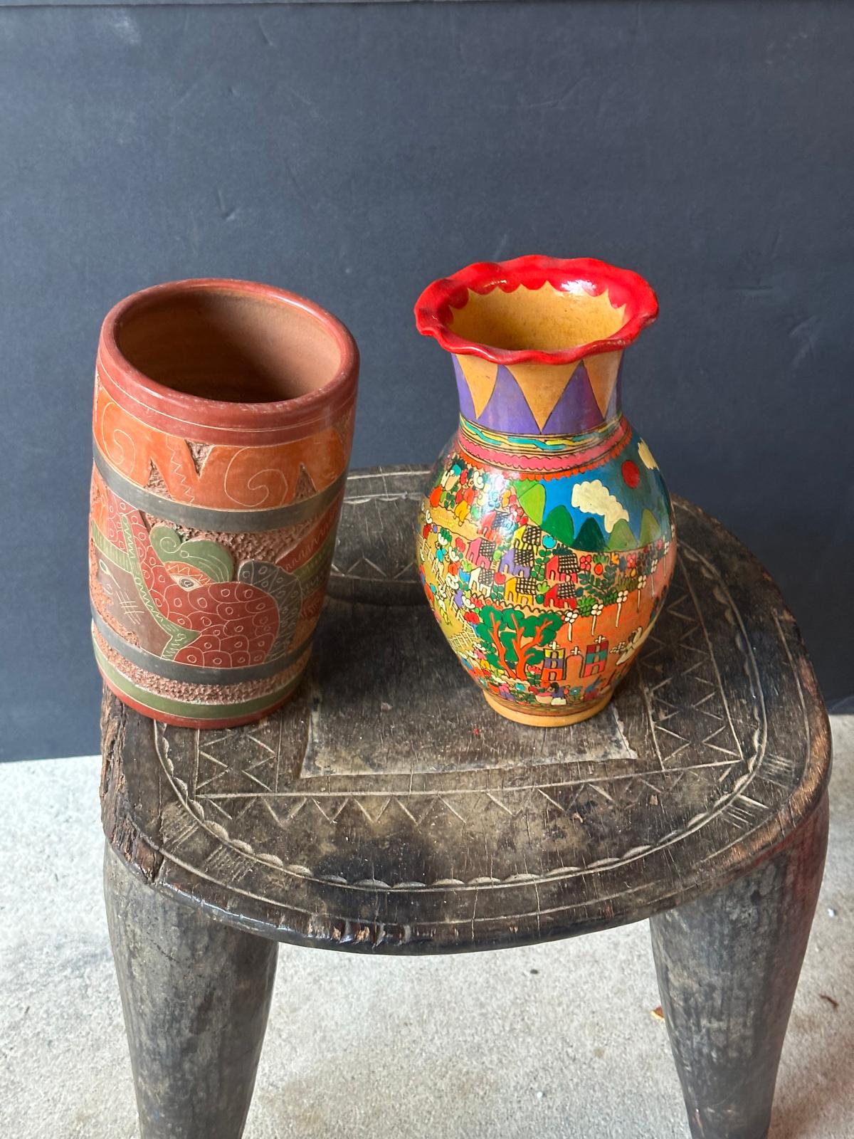 Vintage Mexican Folk Pottery Vases Set – Xalitla Storyteller & Mayan Relief 8"