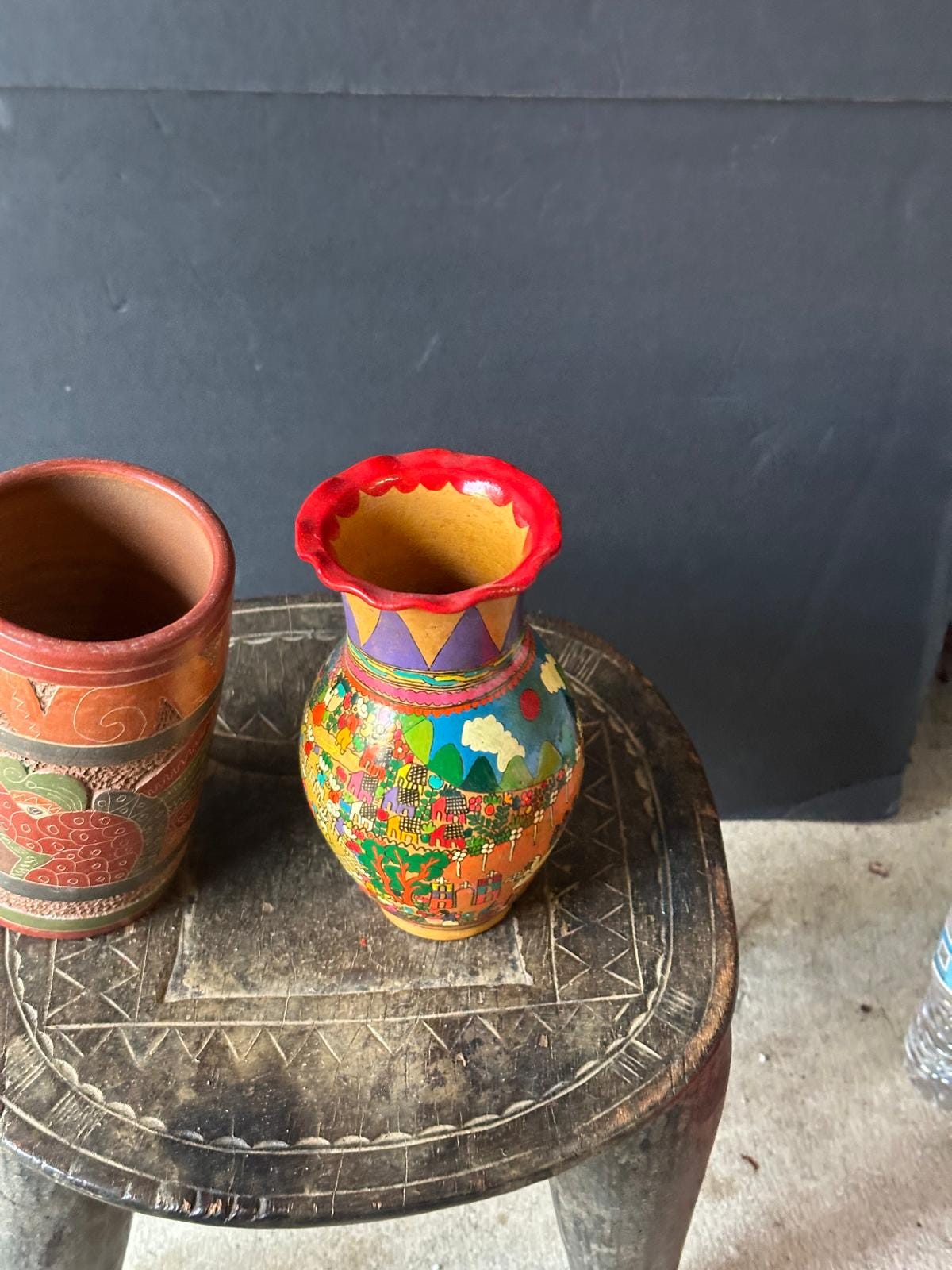Vintage Mexican Folk Pottery Vases Set – Xalitla Storyteller & Mayan Relief 8"