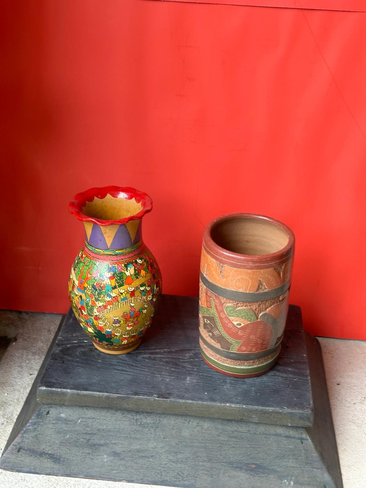 Vintage Mexican Folk Pottery Vases Set – Xalitla Storyteller & Mayan Relief 8"