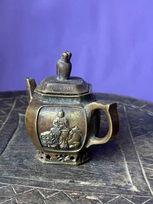 Vintage Chinese bronze hexagonal teapot with Buddhist relief, figural finial 5"