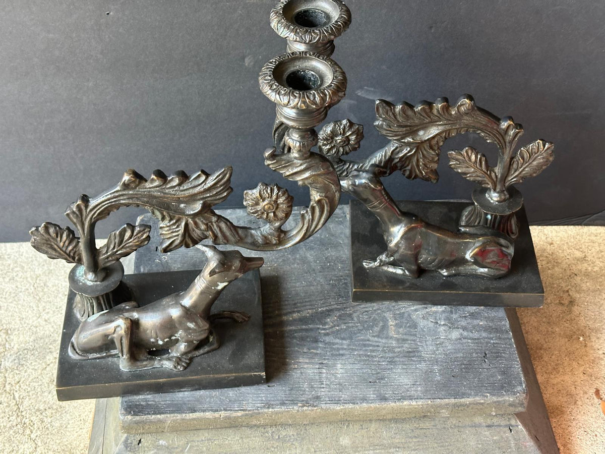 Pair Beacon Hill Westbury Candlesticks Bronze Patina Recumbent Hounds Dogs 9.5"