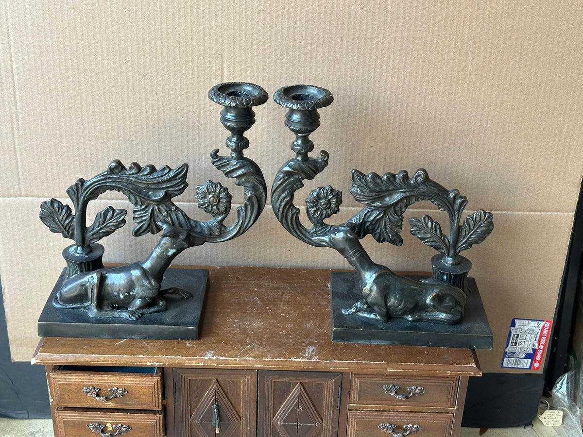 Pair Beacon Hill Westbury Candlesticks Bronze Patina Recumbent Hounds Dogs 9.5"