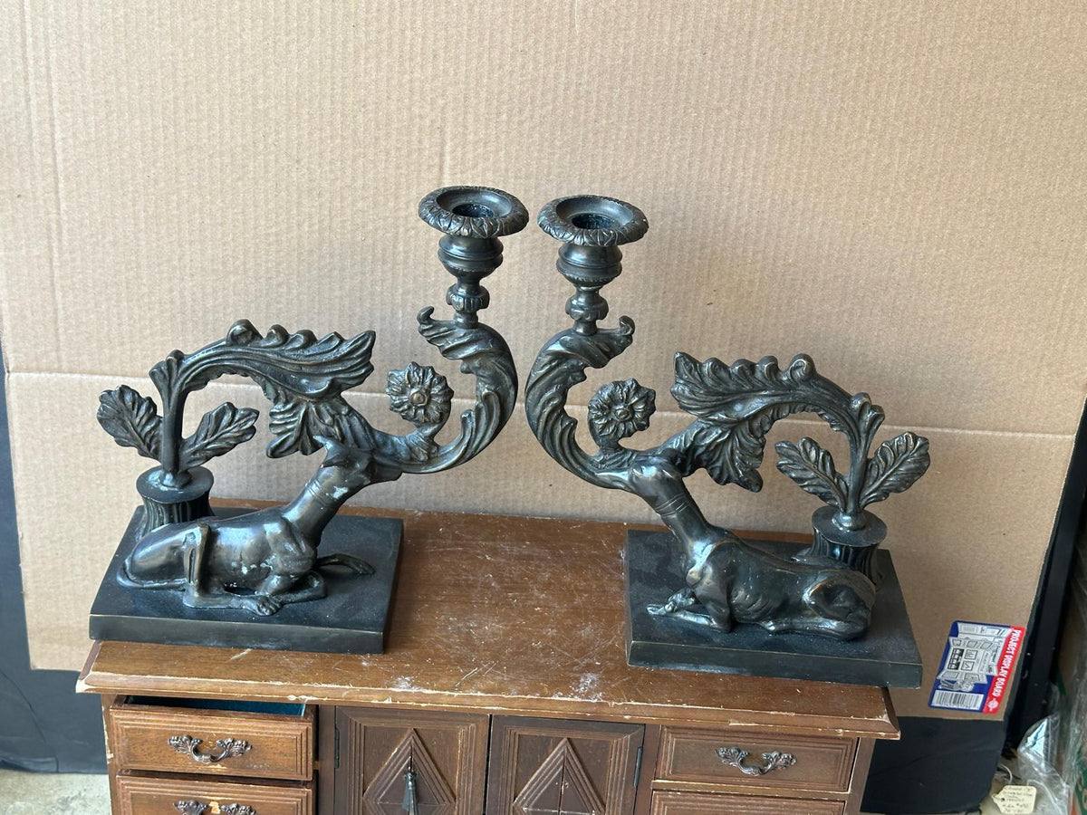 Pair Beacon Hill Westbury Candlesticks Bronze Patina Recumbent Hounds Dogs 9.5"
