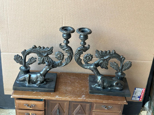 Pair Beacon Hill Westbury Candlesticks Bronze Patina Recumbent Hounds Dogs 9.5"