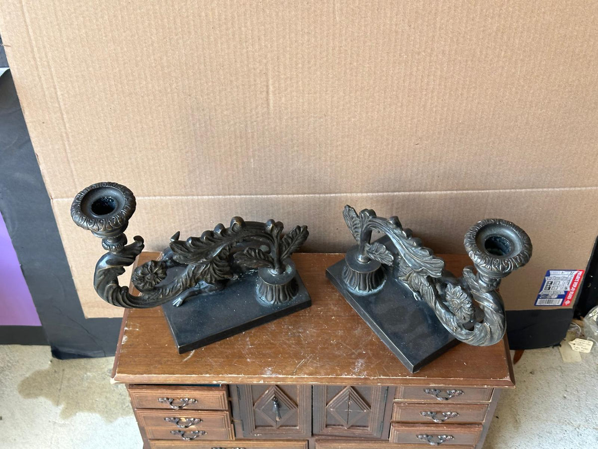 Pair Beacon Hill Westbury Candlesticks Bronze Patina Recumbent Hounds Dogs 9.5"