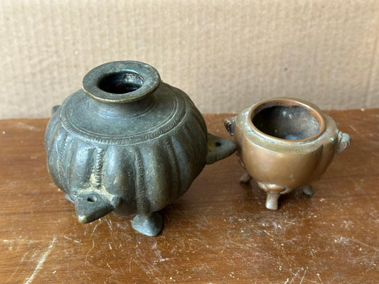 Antique Pair Asian Bronze Vessels – Fluted Inkwell & Lobed Incense Burner 19th C