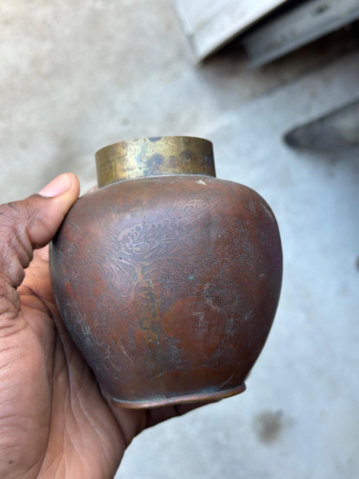Vintage Chinese Etched Copper Brass Dragon Ginger Jar Tea Caddy Lidded Pot