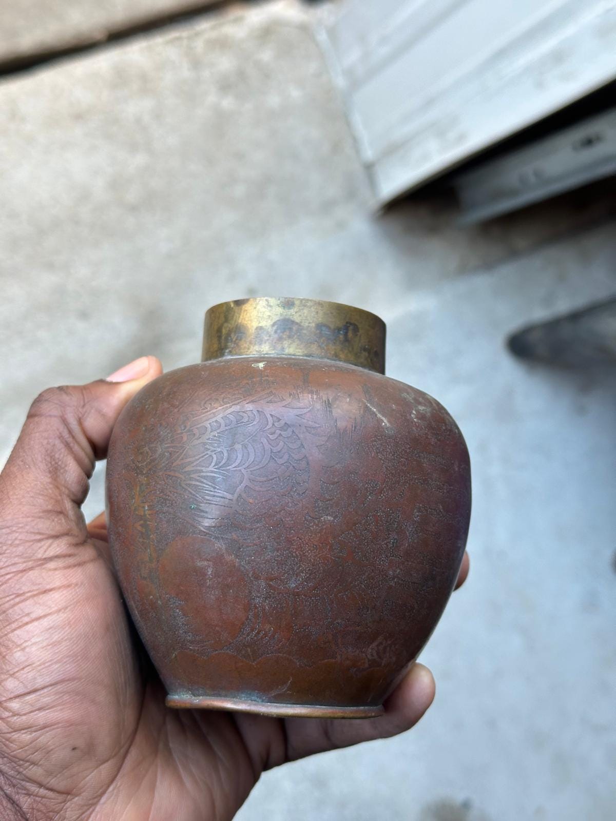 Vintage Chinese Etched Copper Brass Dragon Ginger Jar Tea Caddy Lidded Pot