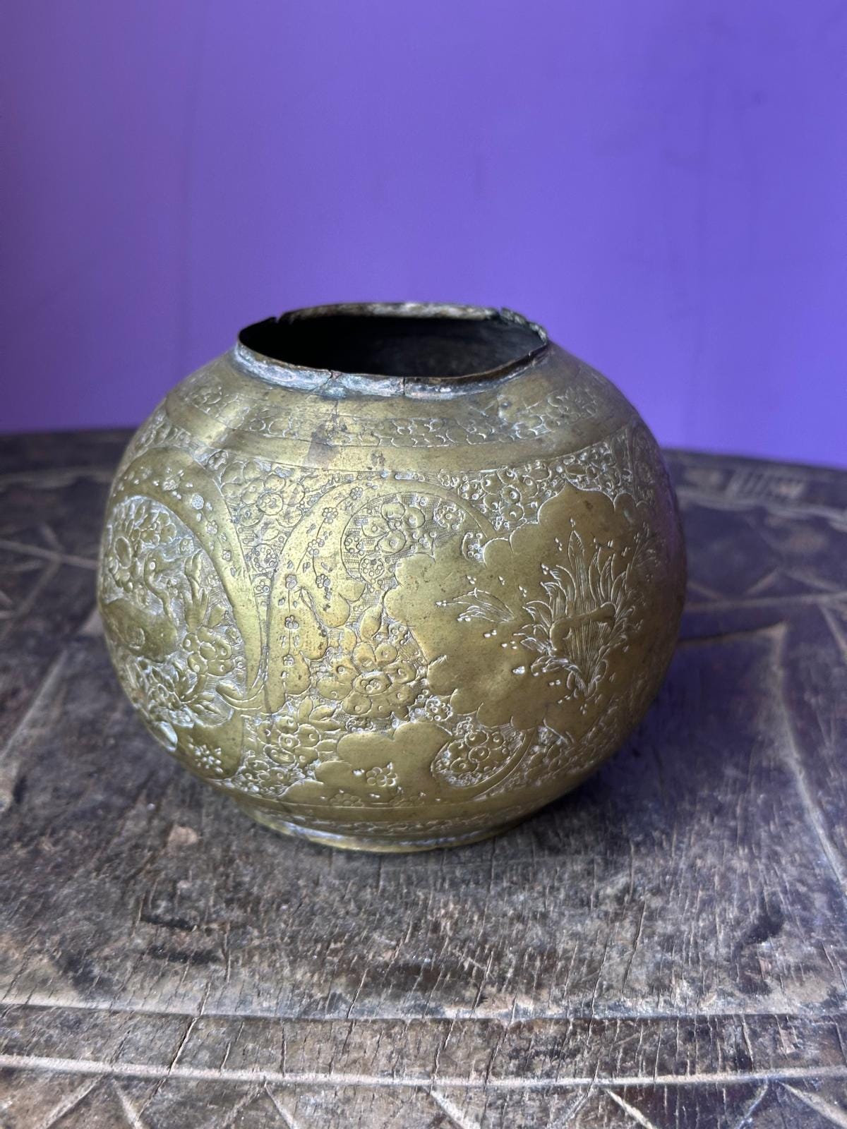 Vintage Indian Etched Brass Spherical Pot Bowl – Peacock Bird Floral Motif 3.5"