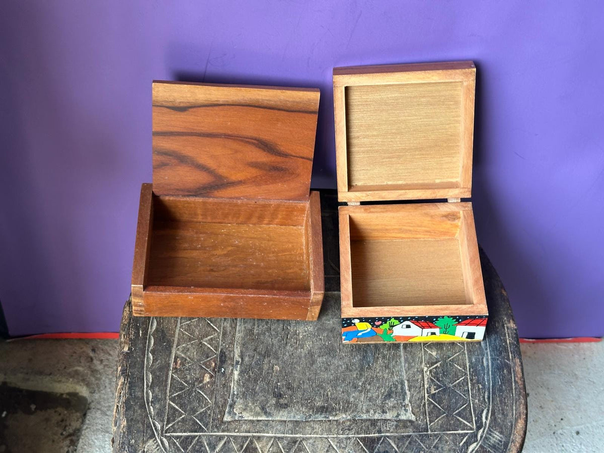 Pair Vintage Hand Painted Wooden Trinket Boxes Folk Art Village Scene Bright