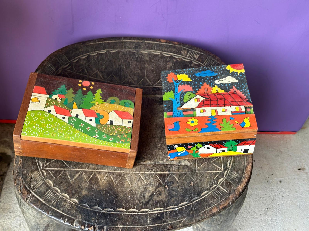 Pair Vintage Hand Painted Wooden Trinket Boxes Folk Art Village Scene Bright