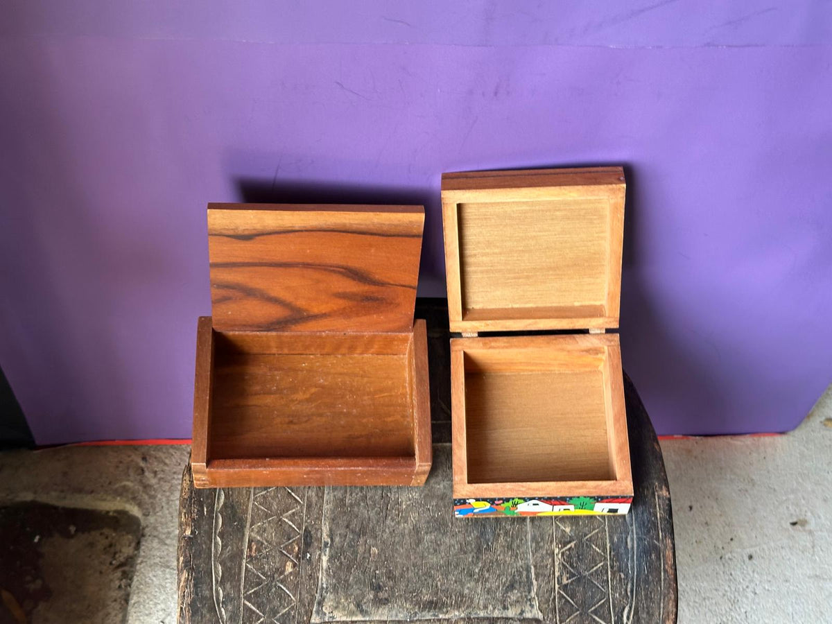 Pair Vintage Hand Painted Wooden Trinket Boxes Folk Art Village Scene Bright