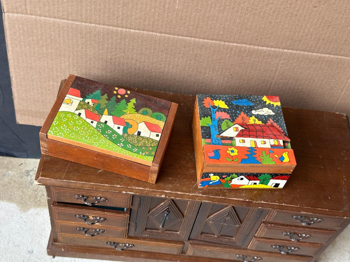 Pair Vintage Hand Painted Wooden Trinket Boxes Folk Art Village Scene Bright