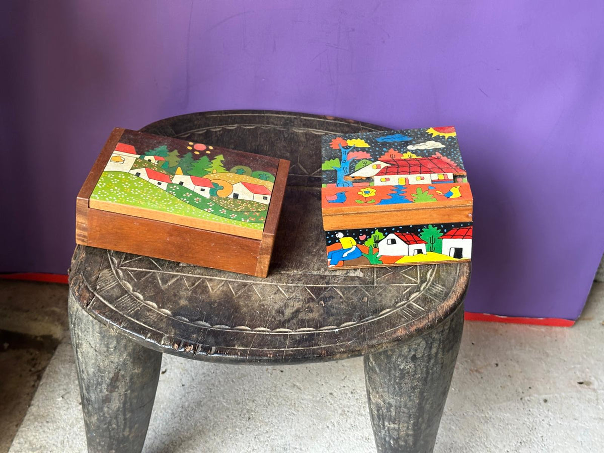 Pair Vintage Hand Painted Wooden Trinket Boxes Folk Art Village Scene Bright