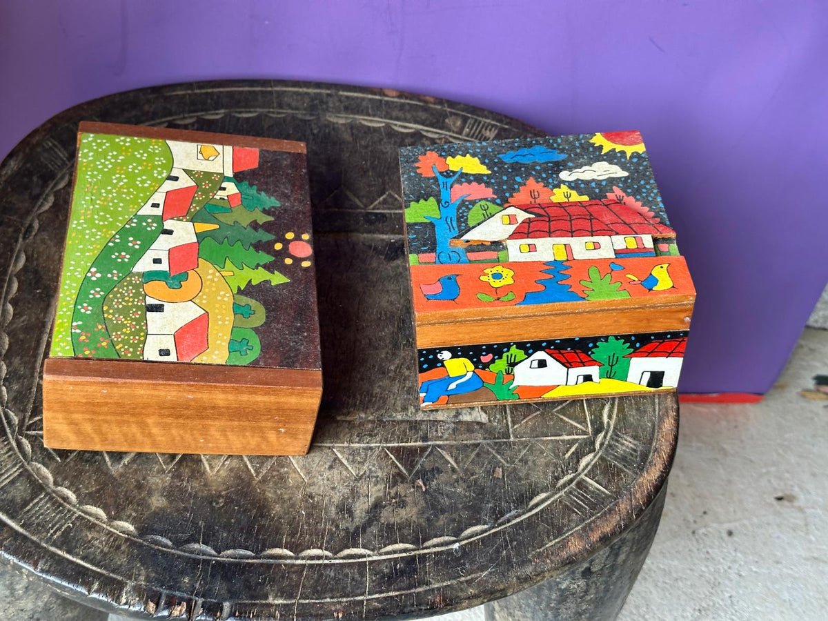 Pair Vintage Hand Painted Wooden Trinket Boxes Folk Art Village Scene Bright
