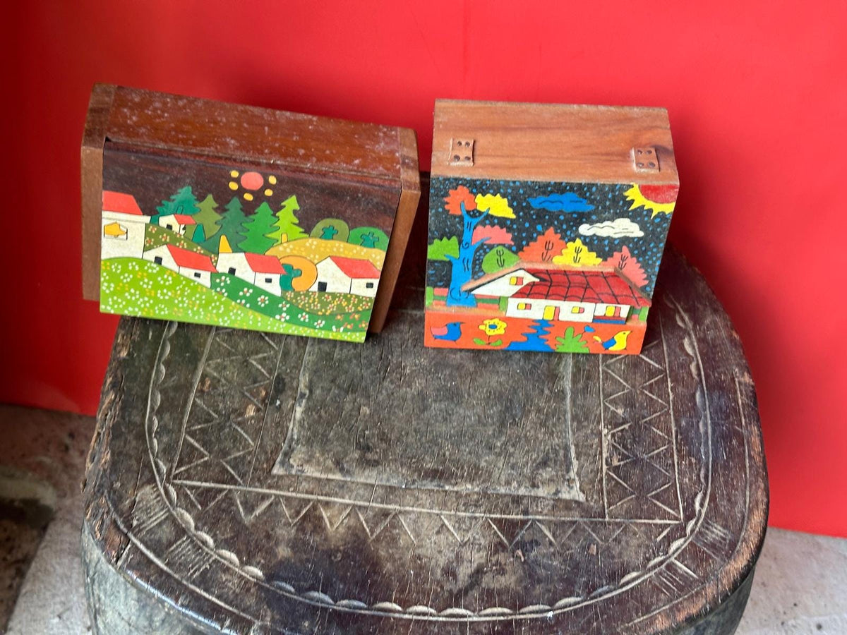 Pair Vintage Hand Painted Wooden Trinket Boxes Folk Art Village Scene Bright