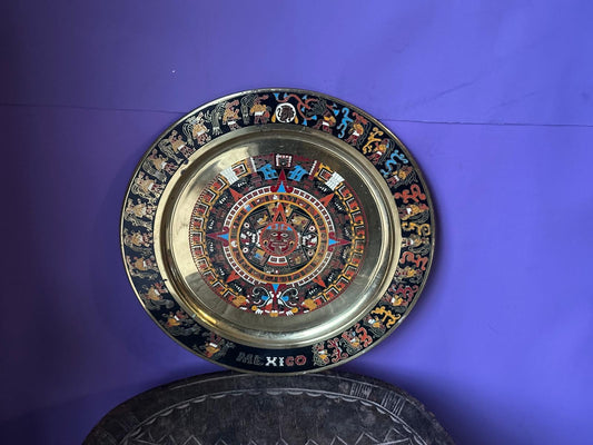 Vintage Mexican Brass & Enamel Wall Plate– Aztec Sun Stone Calendar Colorful 11"