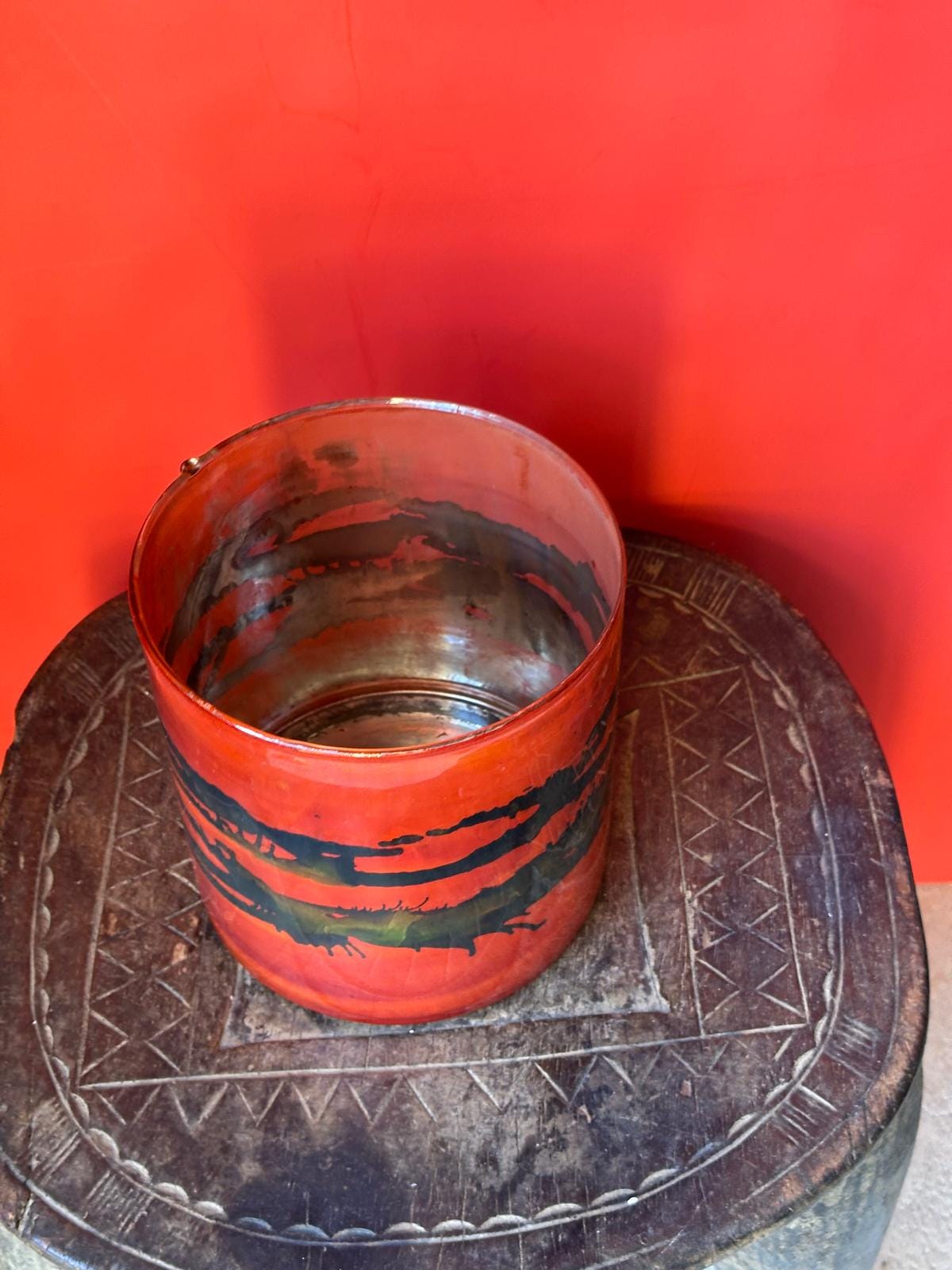 Vintage Art Glass Cylinder Vase – Vibrant Orange & Black Abstract Stripe 6x6"