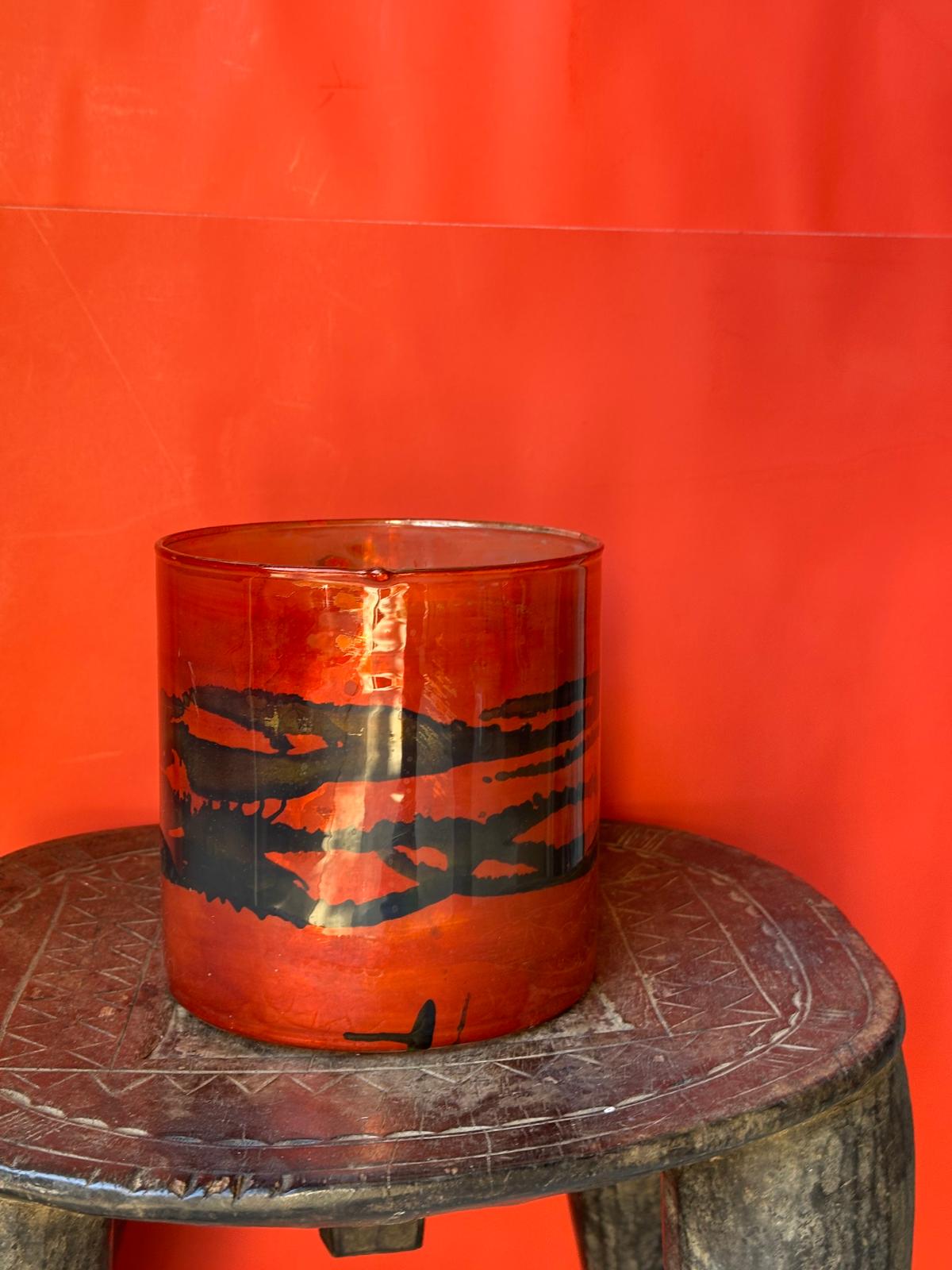 Vintage Art Glass Cylinder Vase – Vibrant Orange & Black Abstract Stripe 6x6"
