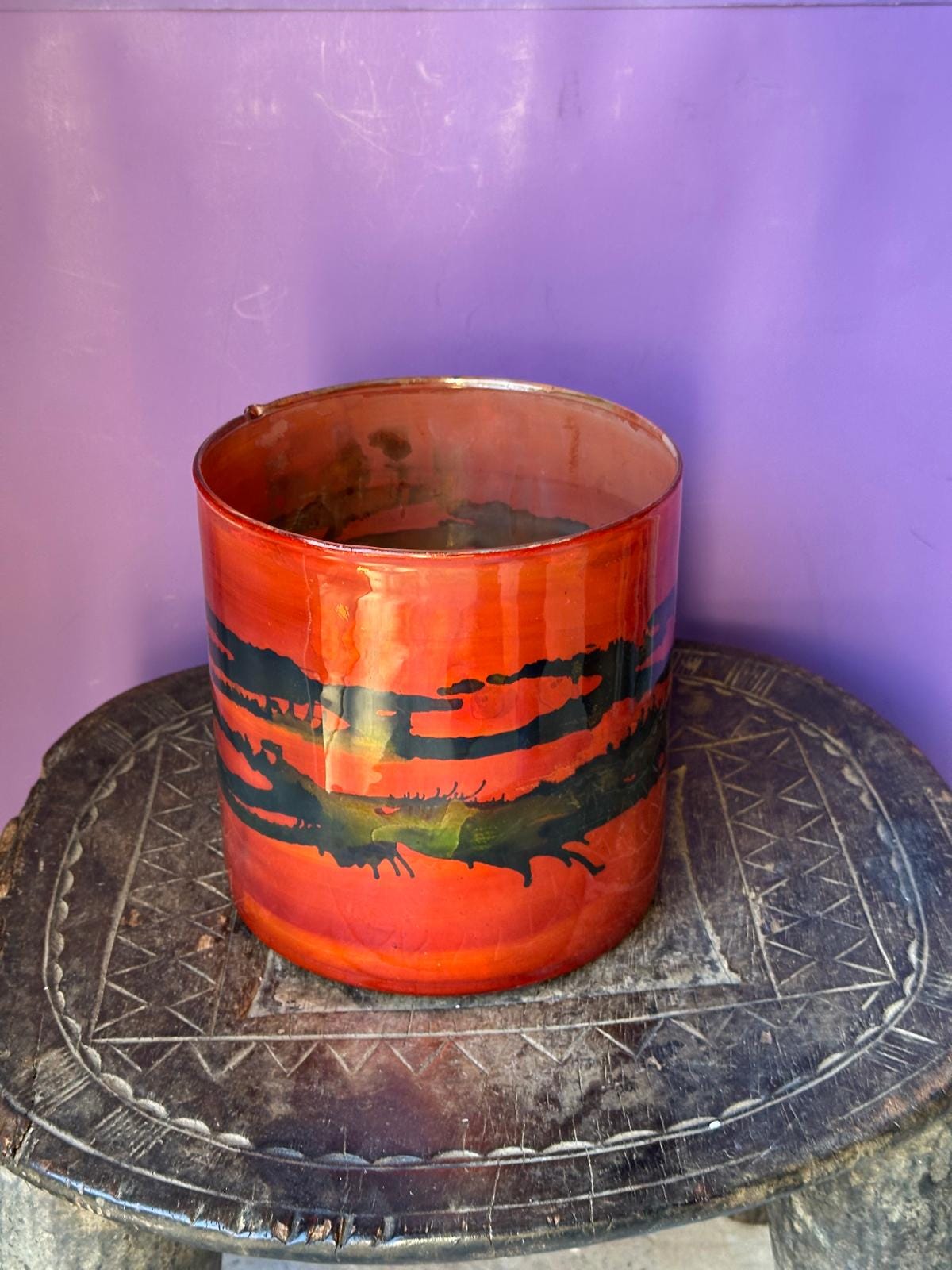 Vintage Art Glass Cylinder Vase – Vibrant Orange & Black Abstract Stripe 6x6"
