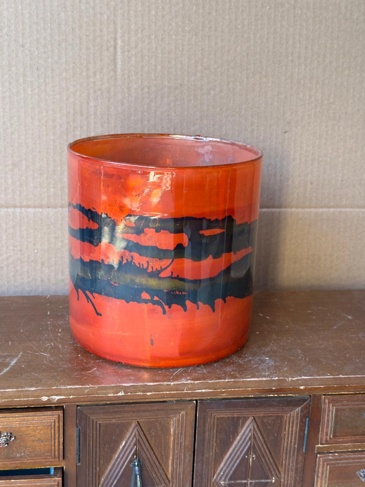 Vintage Art Glass Cylinder Vase – Vibrant Orange & Black Abstract Stripe 6x6"