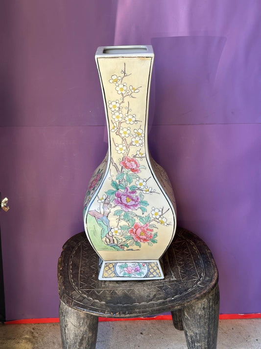 Vintage Japanese Hand-Painted Porcelain Vase – Floral Bird Motif with Gilt, 18"