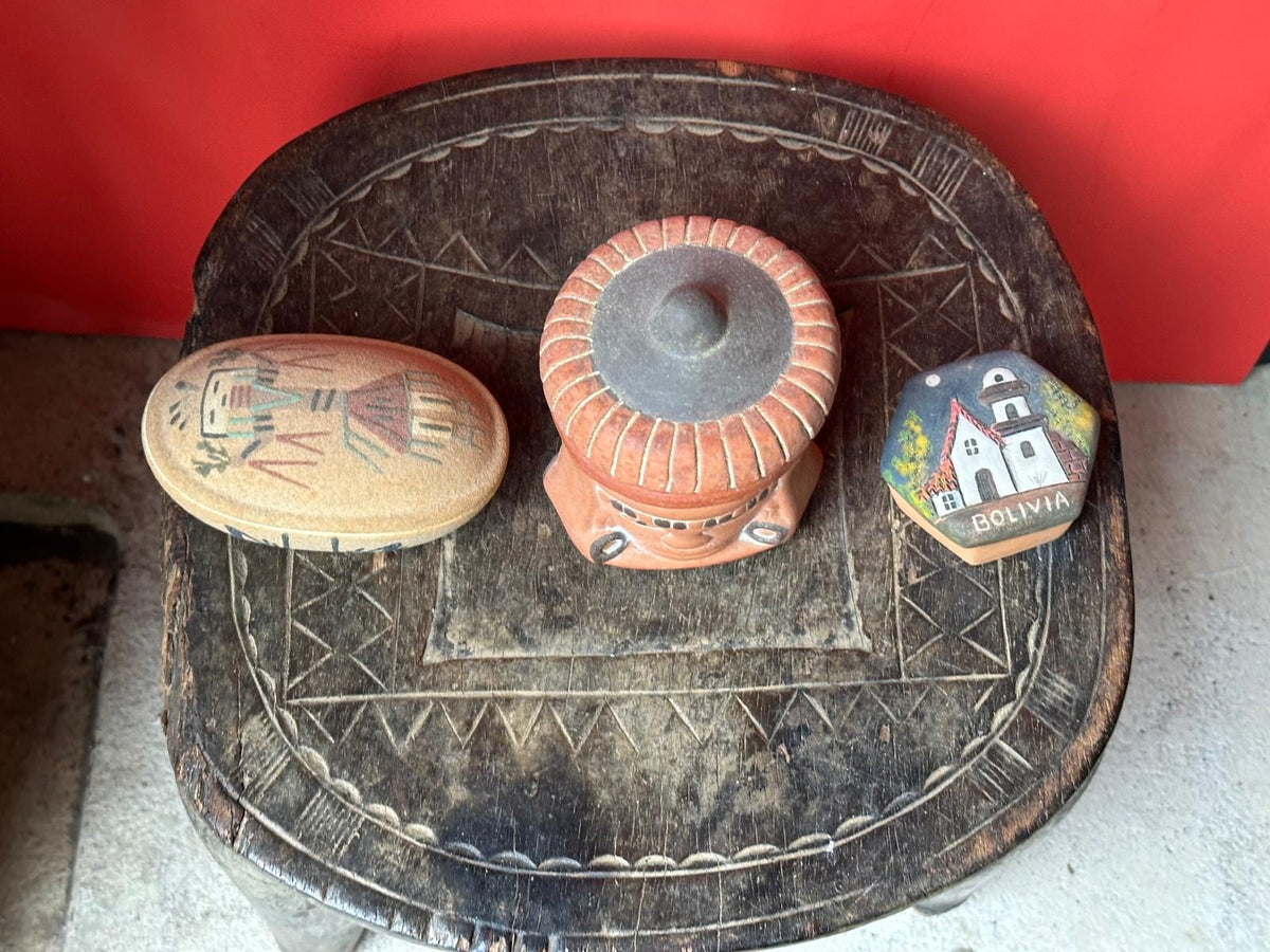 Vintage Folk Art Pottery Box Collection Set of 3 – Bolivia, Inca Face & Sand Art