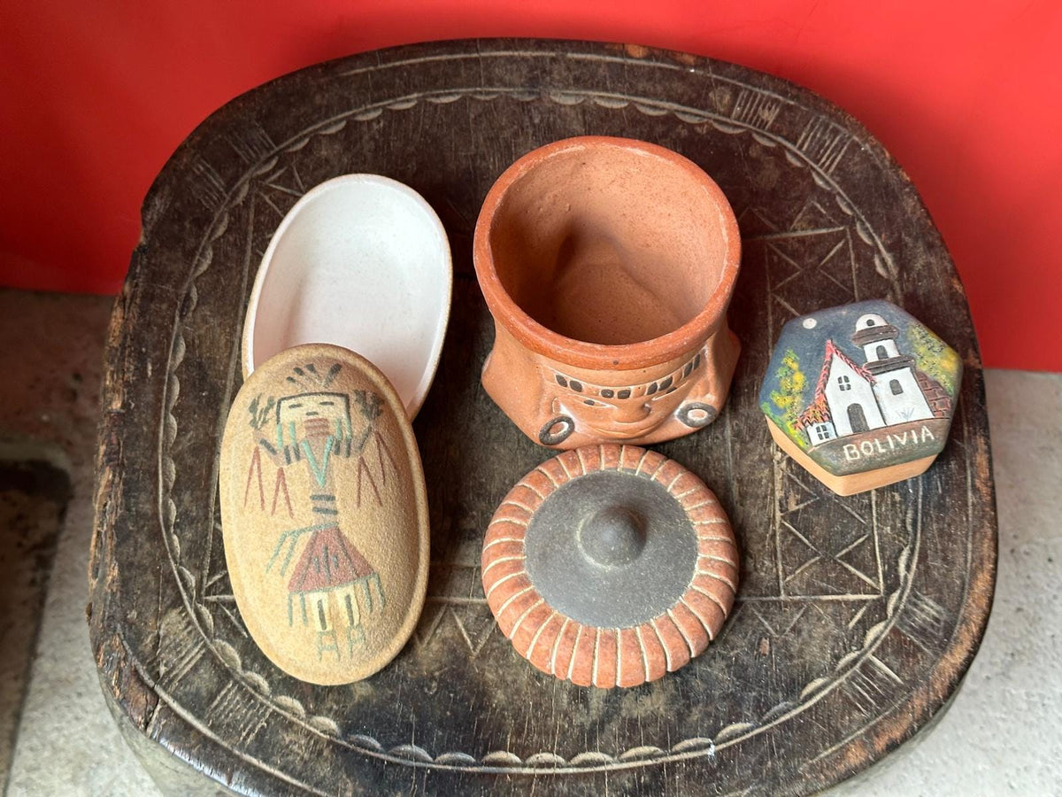 Vintage Folk Art Pottery Box Collection Set of 3 – Bolivia, Inca Face & Sand Art