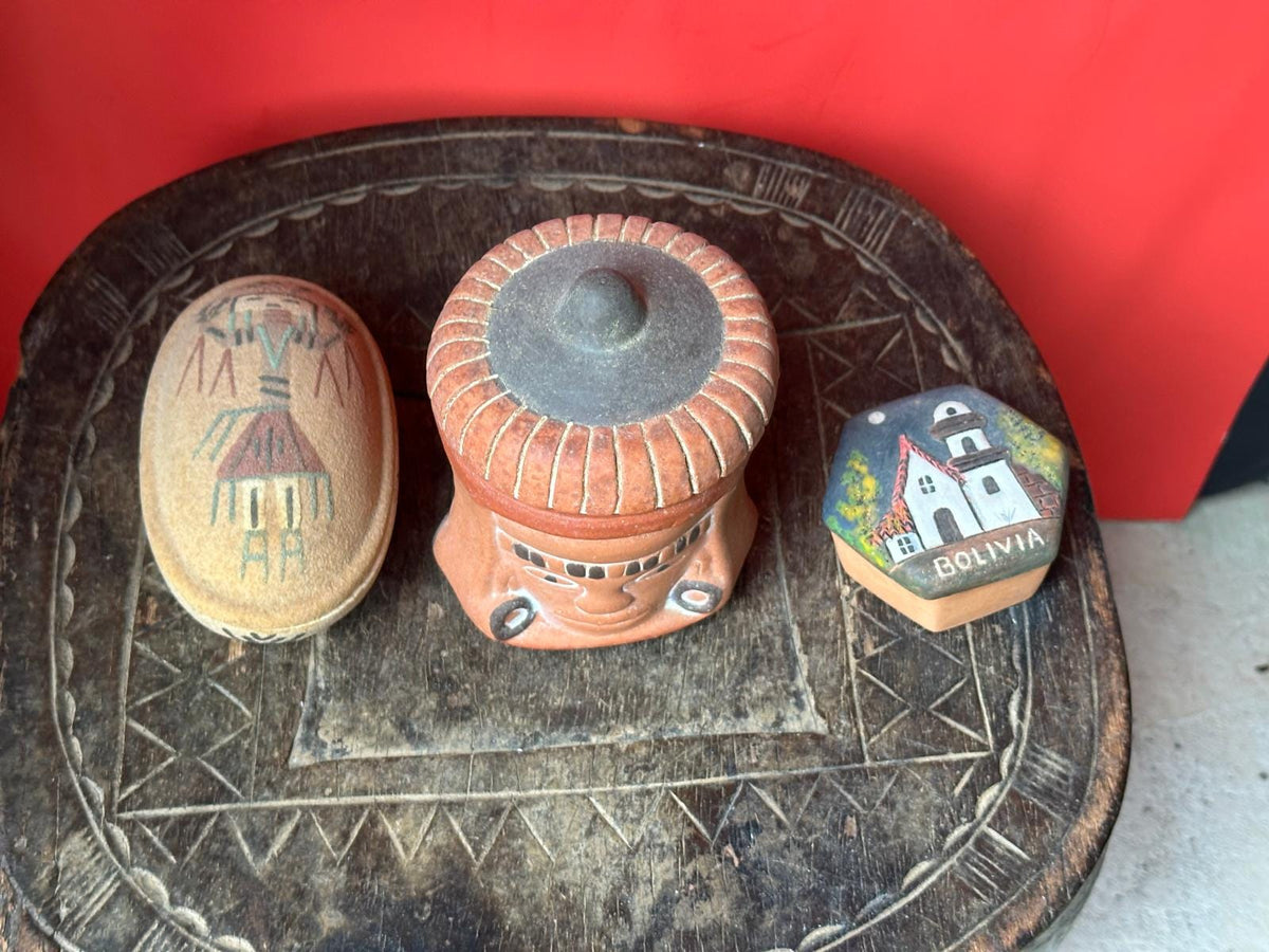 Vintage Folk Art Pottery Box Collection Set of 3 – Bolivia, Inca Face & Sand Art