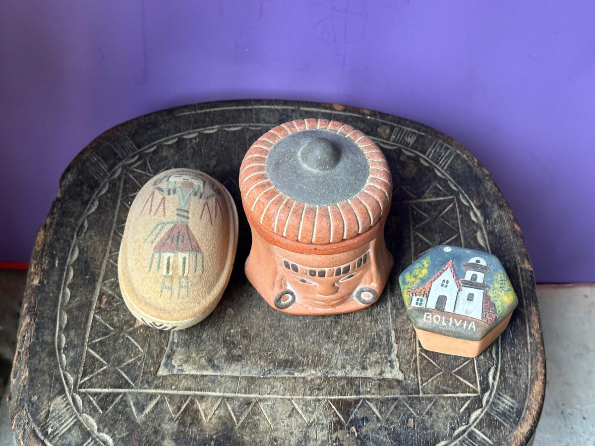 Vintage Folk Art Pottery Box Collection Set of 3 – Bolivia, Inca Face & Sand Art