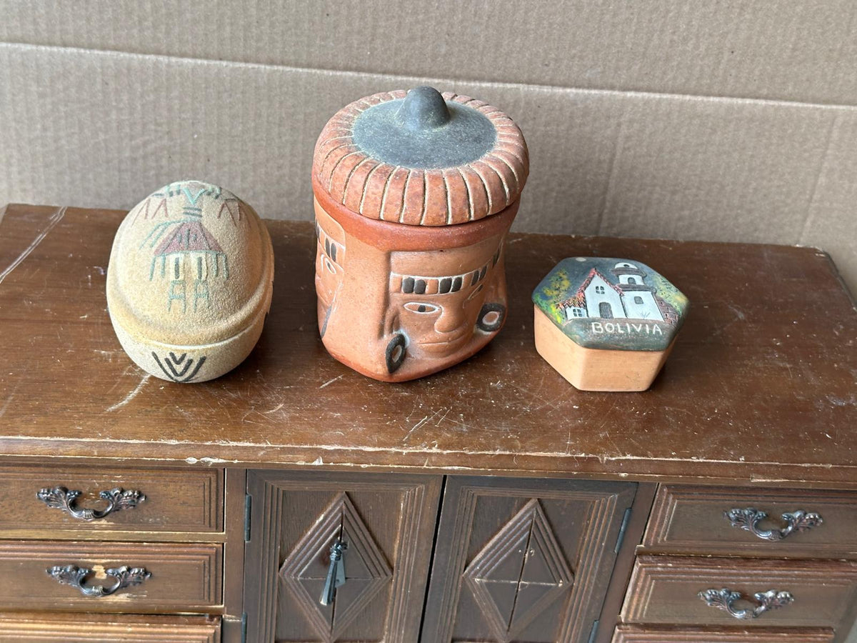 Vintage Folk Art Pottery Box Collection Set of 3 – Bolivia, Inca Face & Sand Art