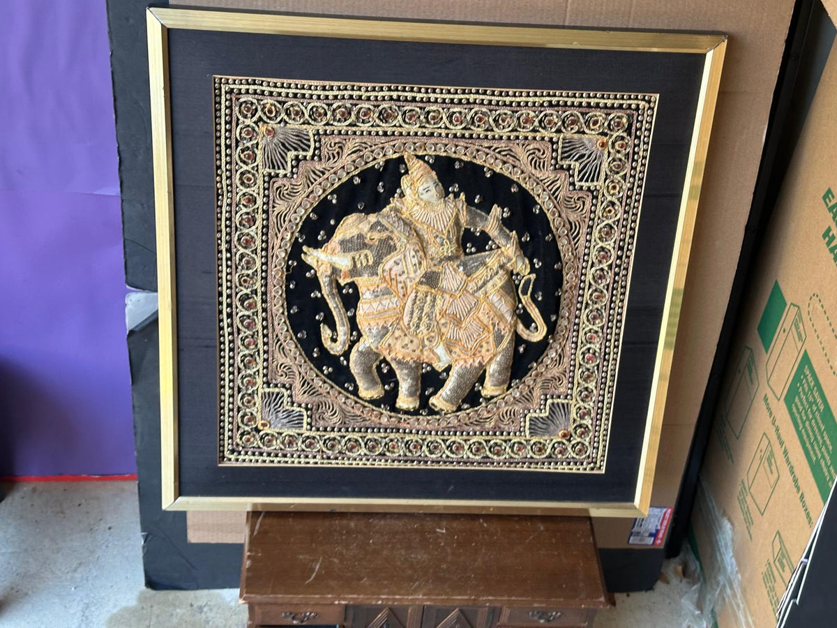 Vintage Burmese Kalaga Tapestry Framed Art–Gold Embroidered Elephant & Rider 25"
