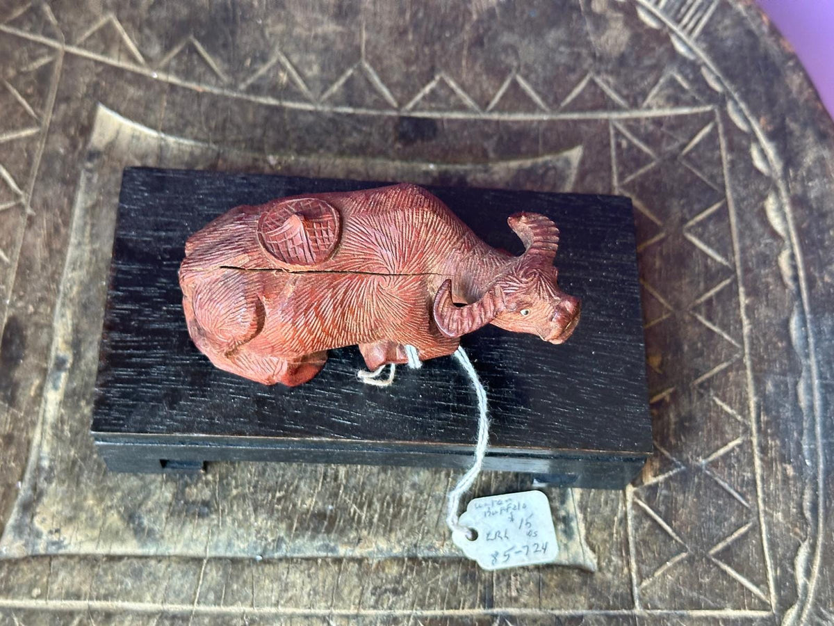 Vintage Hand Carved Rosewood Water Buffalo Figurine – Reclining w/ Stand 4"