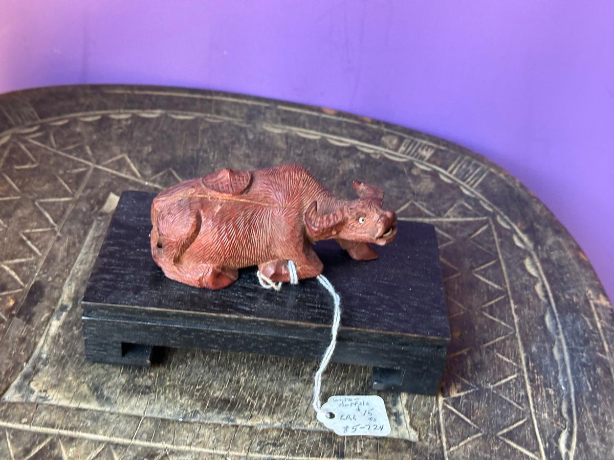 Vintage Hand Carved Rosewood Water Buffalo Figurine – Reclining w/ Stand 4"