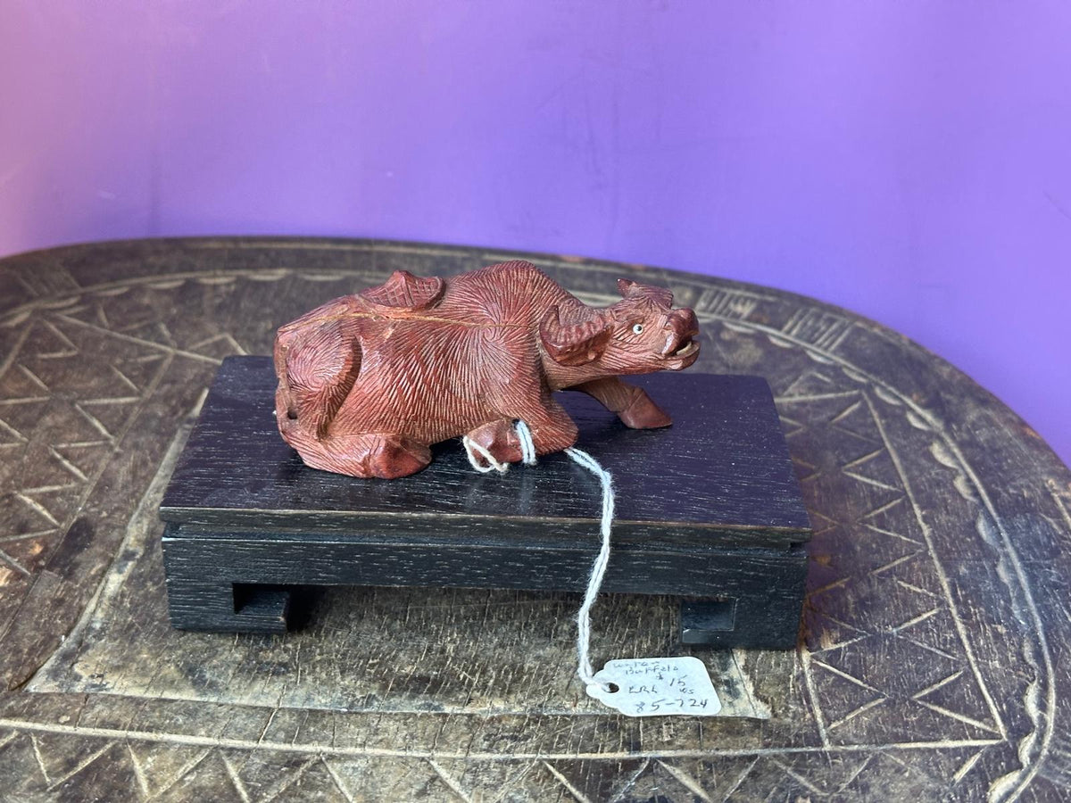 Vintage Hand Carved Rosewood Water Buffalo Figurine – Reclining w/ Stand 4"