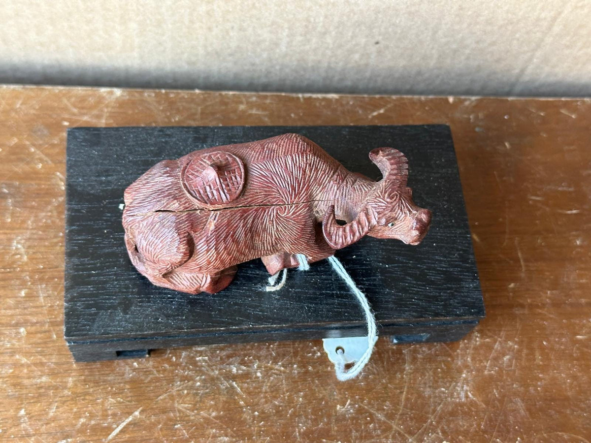Vintage Hand Carved Rosewood Water Buffalo Figurine – Reclining w/ Stand 4"