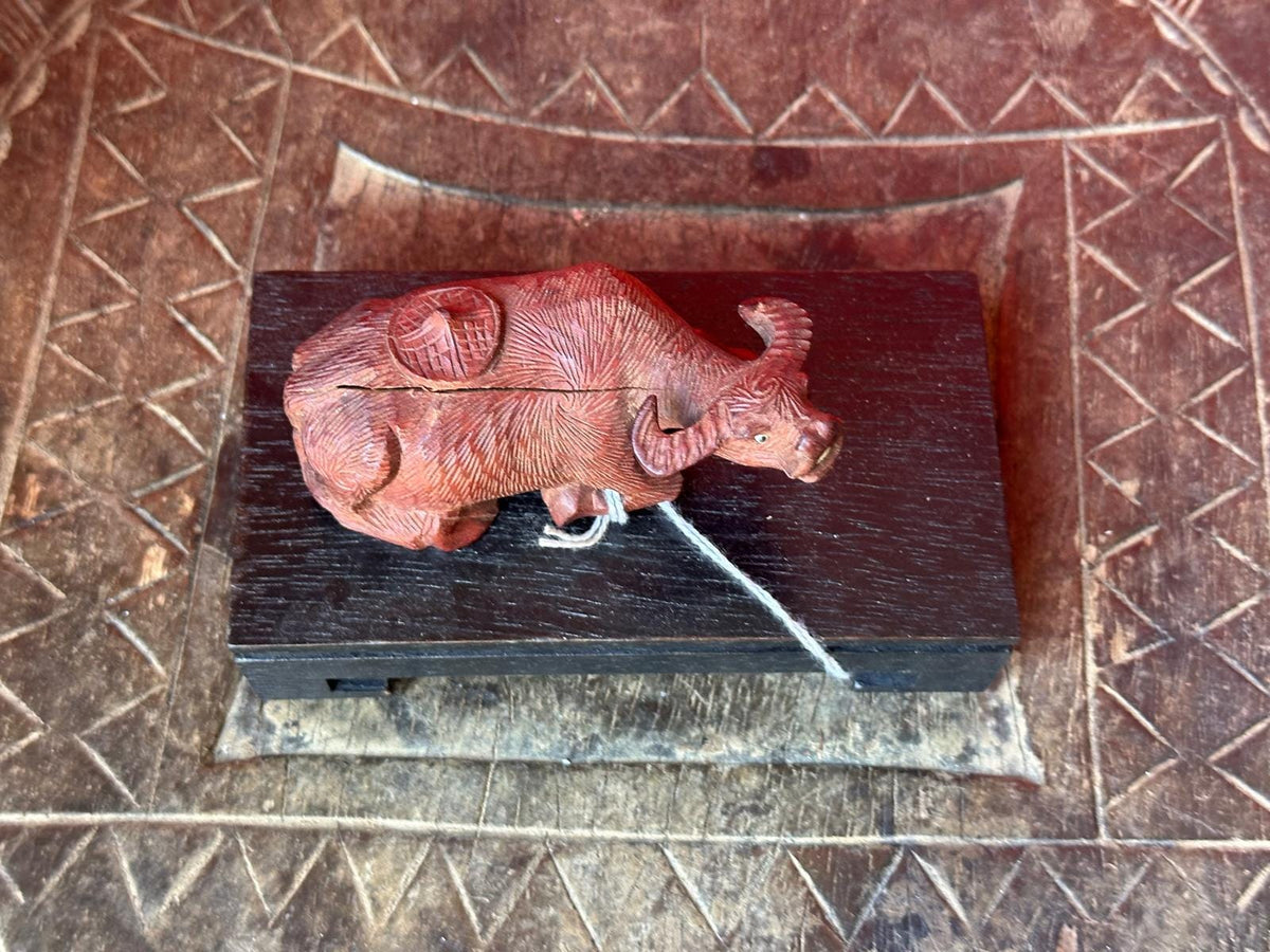 Vintage Hand Carved Rosewood Water Buffalo Figurine – Reclining w/ Stand 4"